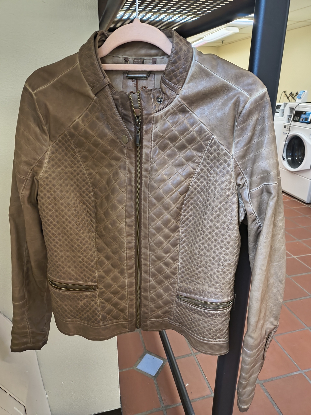 Women's Quilted Taupe Leather Moto Jacket